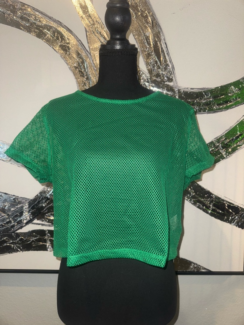 Women's Green Mesh Crop Top - Short Sleeve Athletic Tee